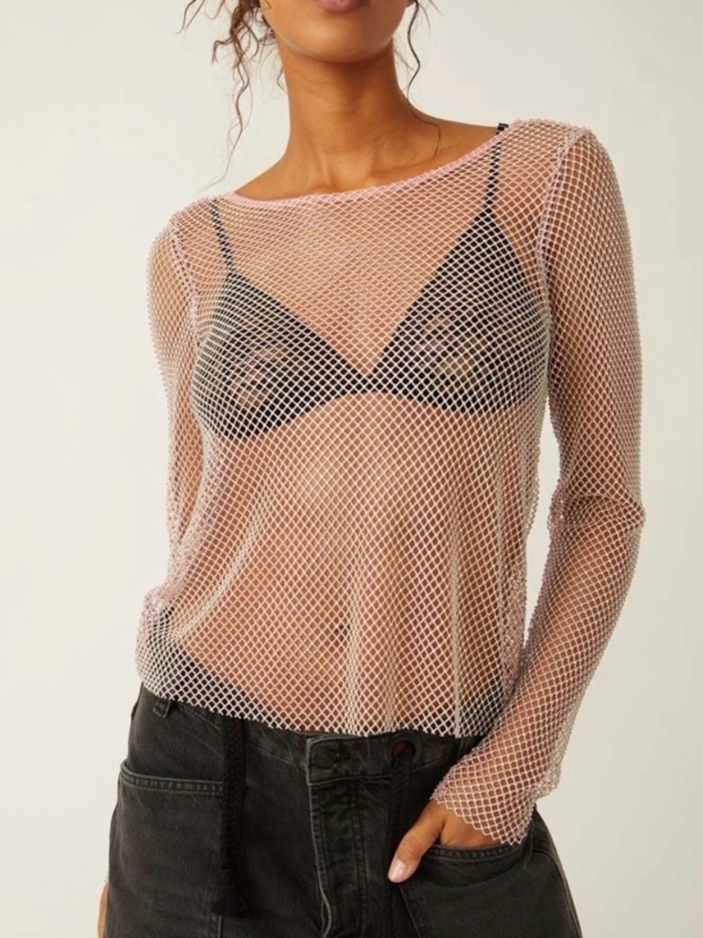 Free People Filter Finish Low Back Metallic Mesh Top LARGE NWT in Rose